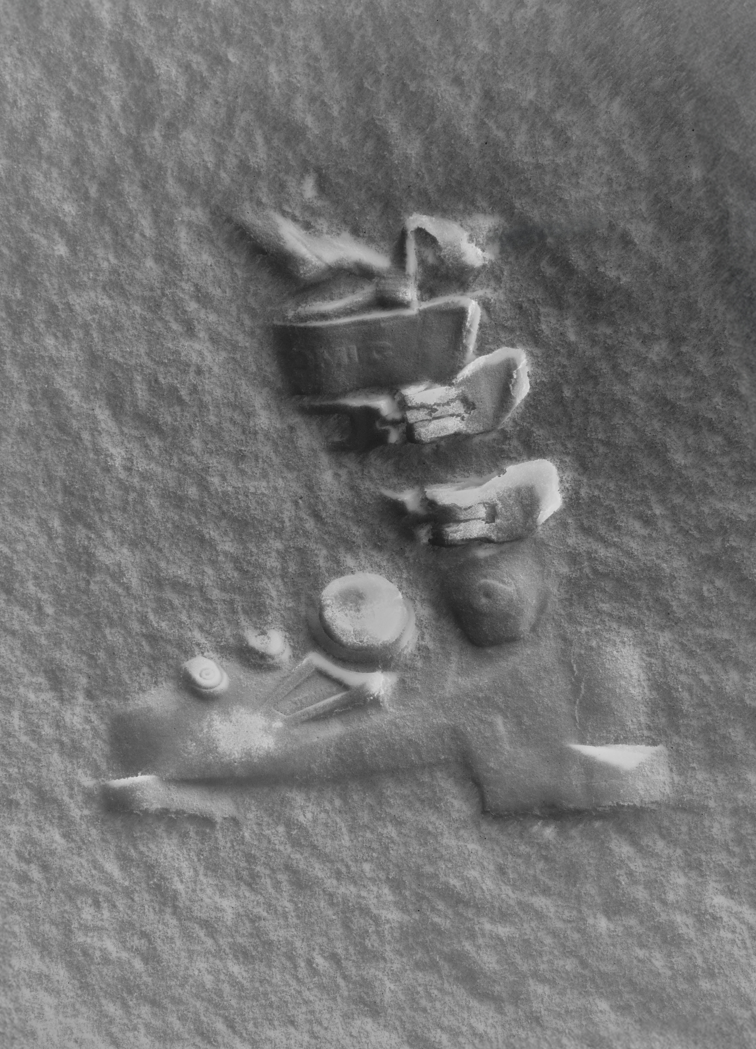 A close-up, high-contrast black and white photograph of a small cluster of broken ceramic or stone fragments embedded in a rough, textured surface.