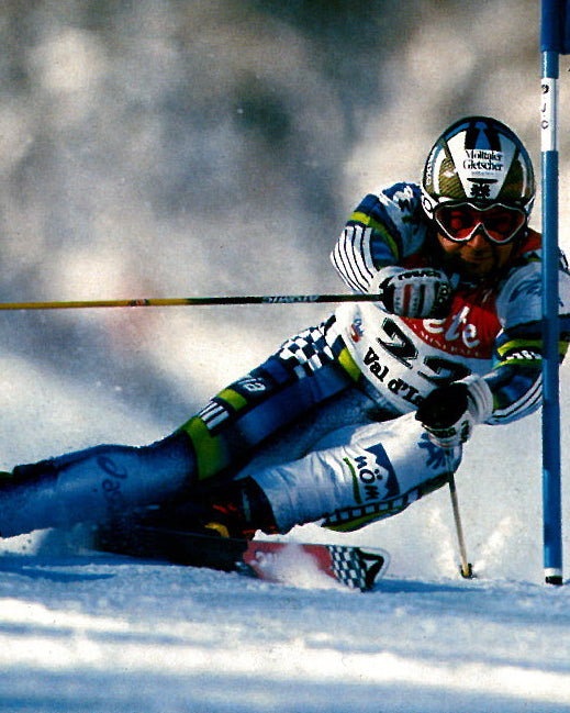 A commemorative sports poster or print featuring skier Stephan Eberhalter in action on a snowy slope, with a black border, checkered flag motif, vertical red text reading 'maximum success', and sponsor logos including Atomic, B-technology, and VGL U.S.