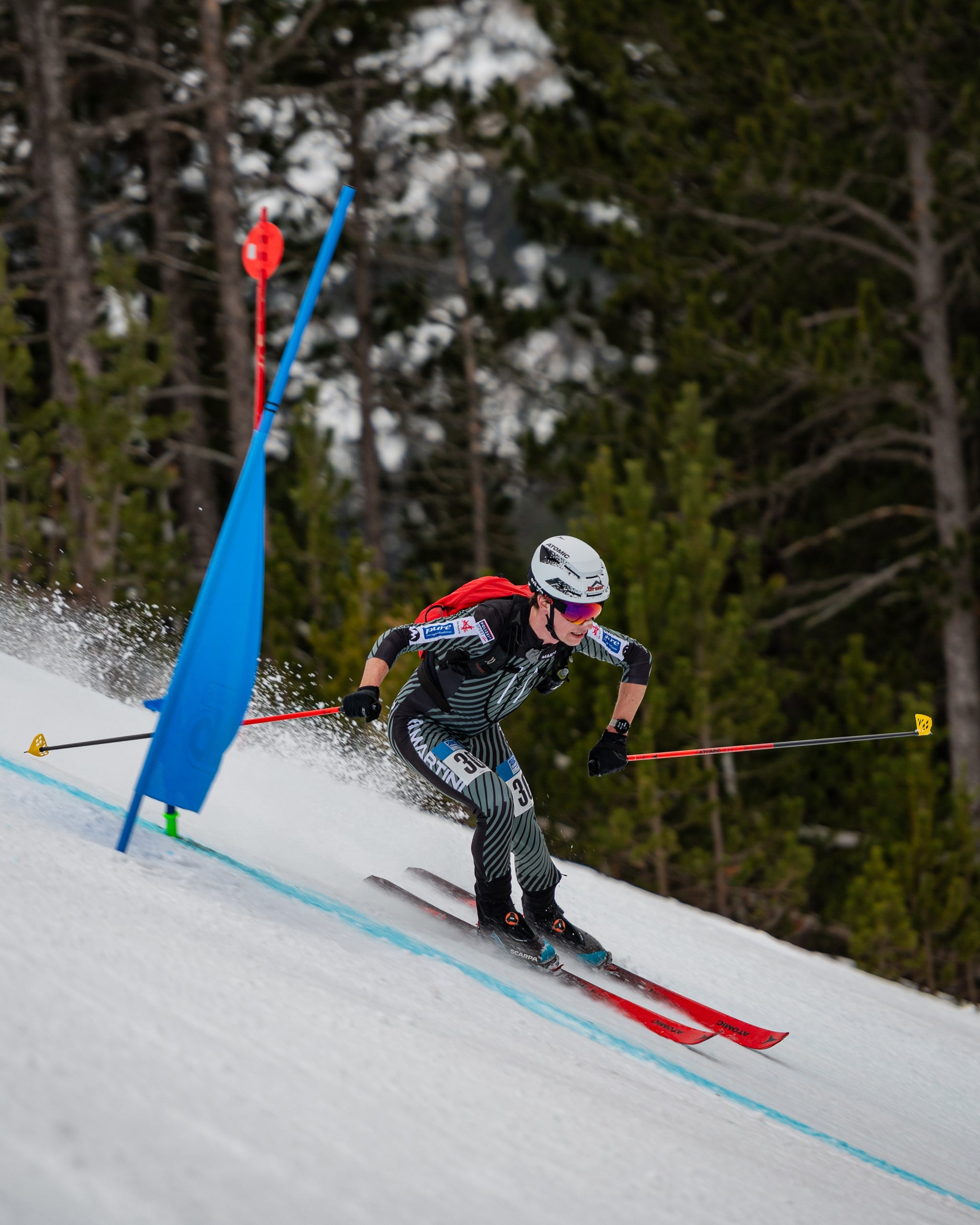 Julian Tritscher  in a dark racing suit and white helmet carving through snow on a downhill slope, with a blue gate flag and evergreen trees in the background.