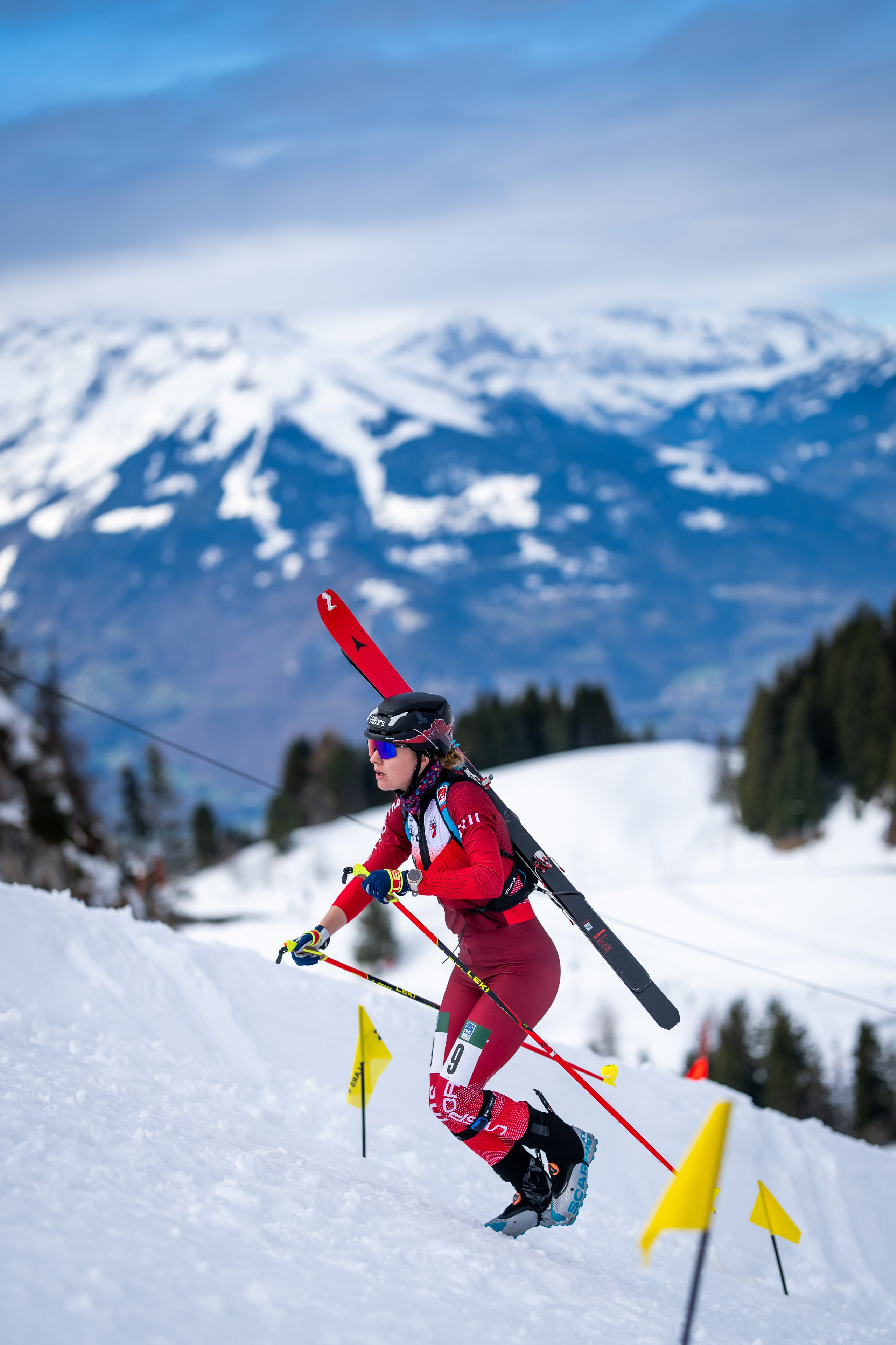 Caroline Ulrich in a red and black ski suit carries red skis on her back while navigating a snowy mountain course with yellow flags and a backdrop of snow-covered peaks.