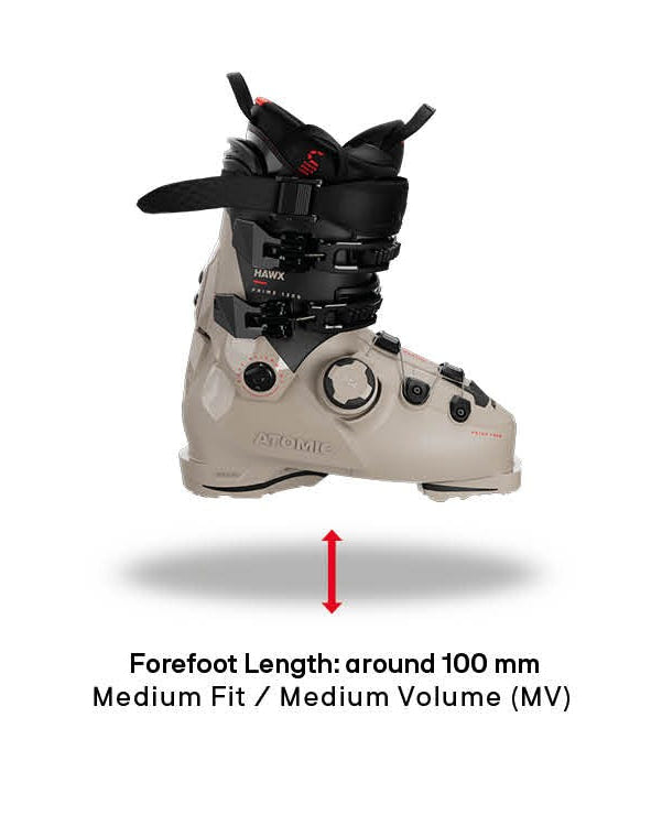 Three black and gray ski boots shown side by side with size and fit labels underneath on a white background.