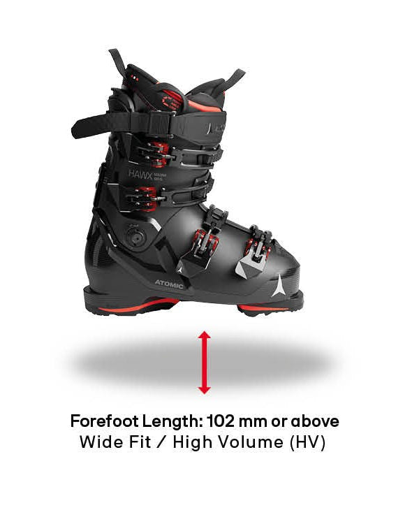 Three black and gray ski boots shown side by side with size and fit labels underneath on a white background.