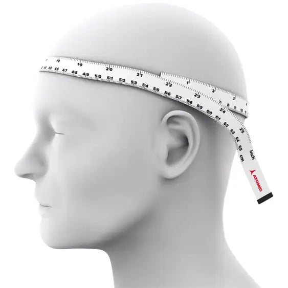 A white measuring tape headband with black printed numbers and markings, wrapped around the head of a gray mannequin head in profile against a white background.
