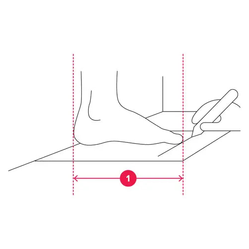 A simple line drawing showing a foot placed on a measuring device with a pen, plus pink measurement arrows and a red circle labeled 1, indicating size measurement instructions.